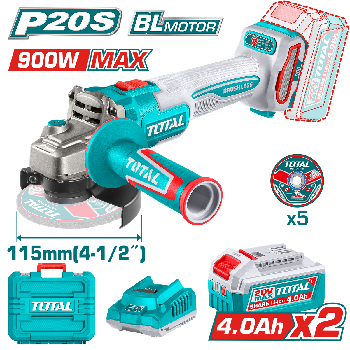 Amoladora Angular 20V BL 900W 115mm INDUSTRIAL TOTAL TAGLI261522-4 (MALETIN, CARGADOR, Y 2 BATERIAS 4Ah)