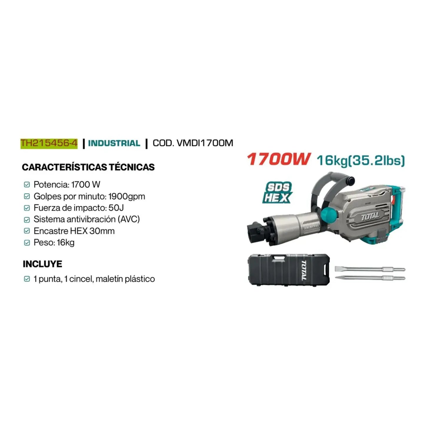 Martillo Demoledor 1700W 45J INDUSTRIAL TOTAL TH215456-4