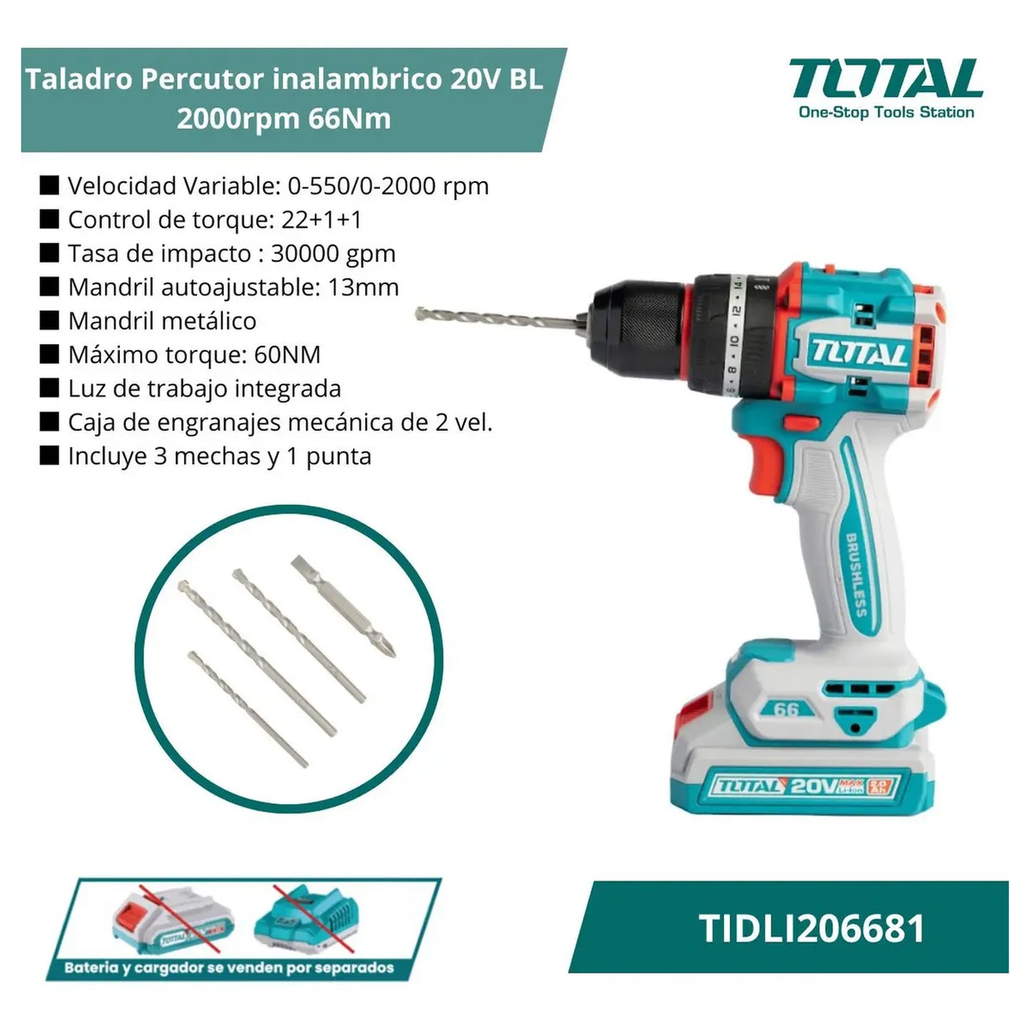 Taladro Percutor 20V BL 2000rpm 66Nm INDUSTRIAL TOTAL TIDLI206681