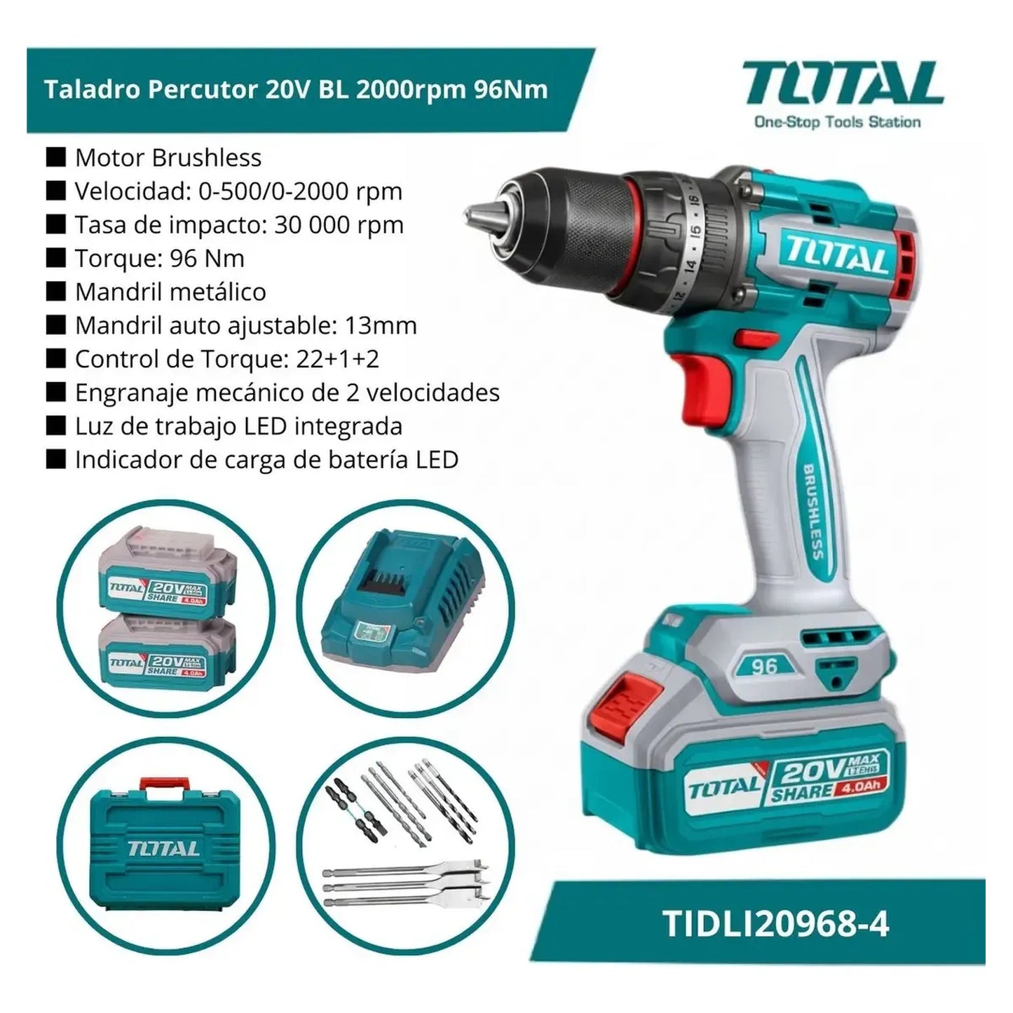 Taladro Percutor 20V BL 2000rpm 96Nm INDUSTRIAL TOTAL TIDLI209686-4 (MALETIN, CARGADOR, Y 2 BATERIAS 4Ah)
