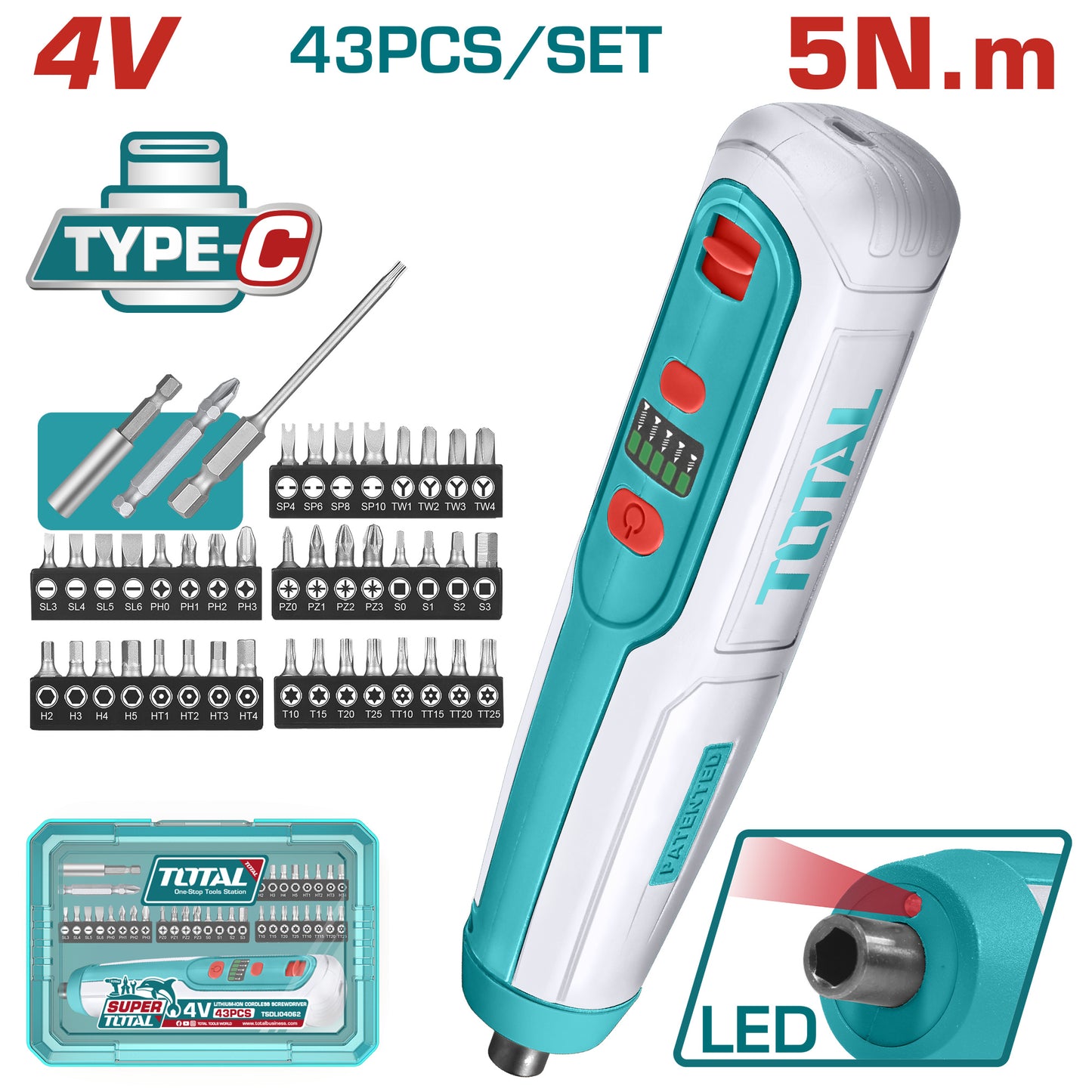 Atornillador 4V + 43 Accesorios TOTAL TSDLI04062