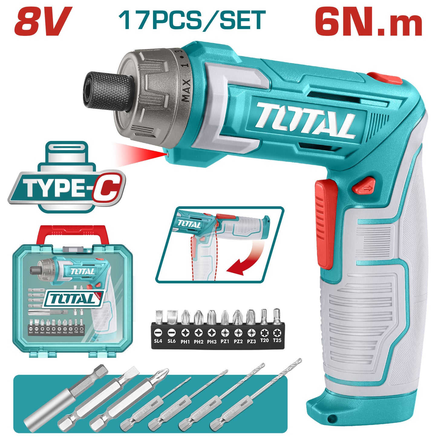 Atornillador 8V + 17 Accesorios INDUSTRIAL TOTAL TSDLI08025