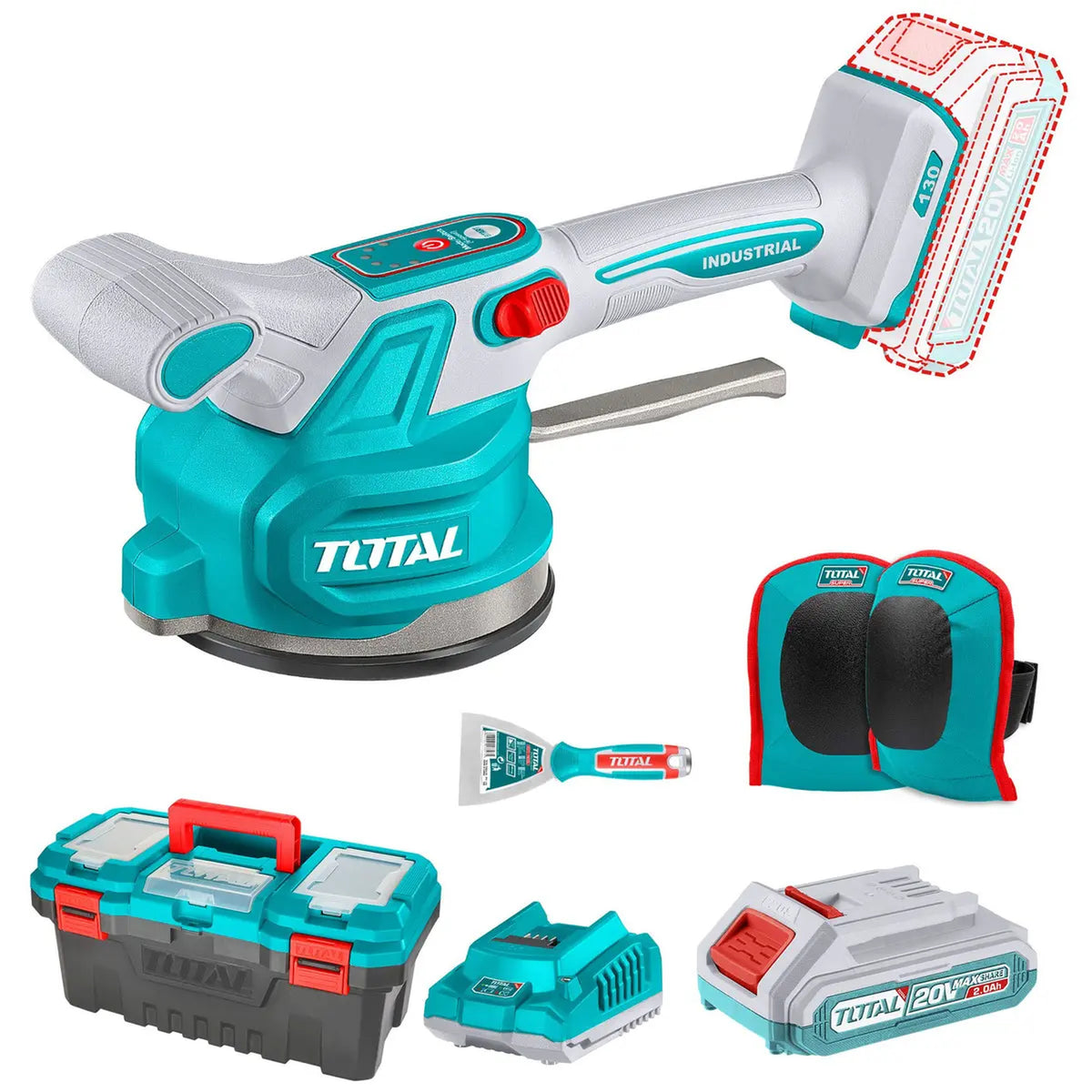 Ventosa Vibradora para Baldosas 20V TOTAL TTVLI20018-4 (CAJA PLASTICA, CARGADOR, Y BATERIA)