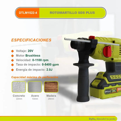 ROTOMARTILLO SDS PLUS BL 22MM 20V (CARGADOR Y BATERIA) DTLM1522-4