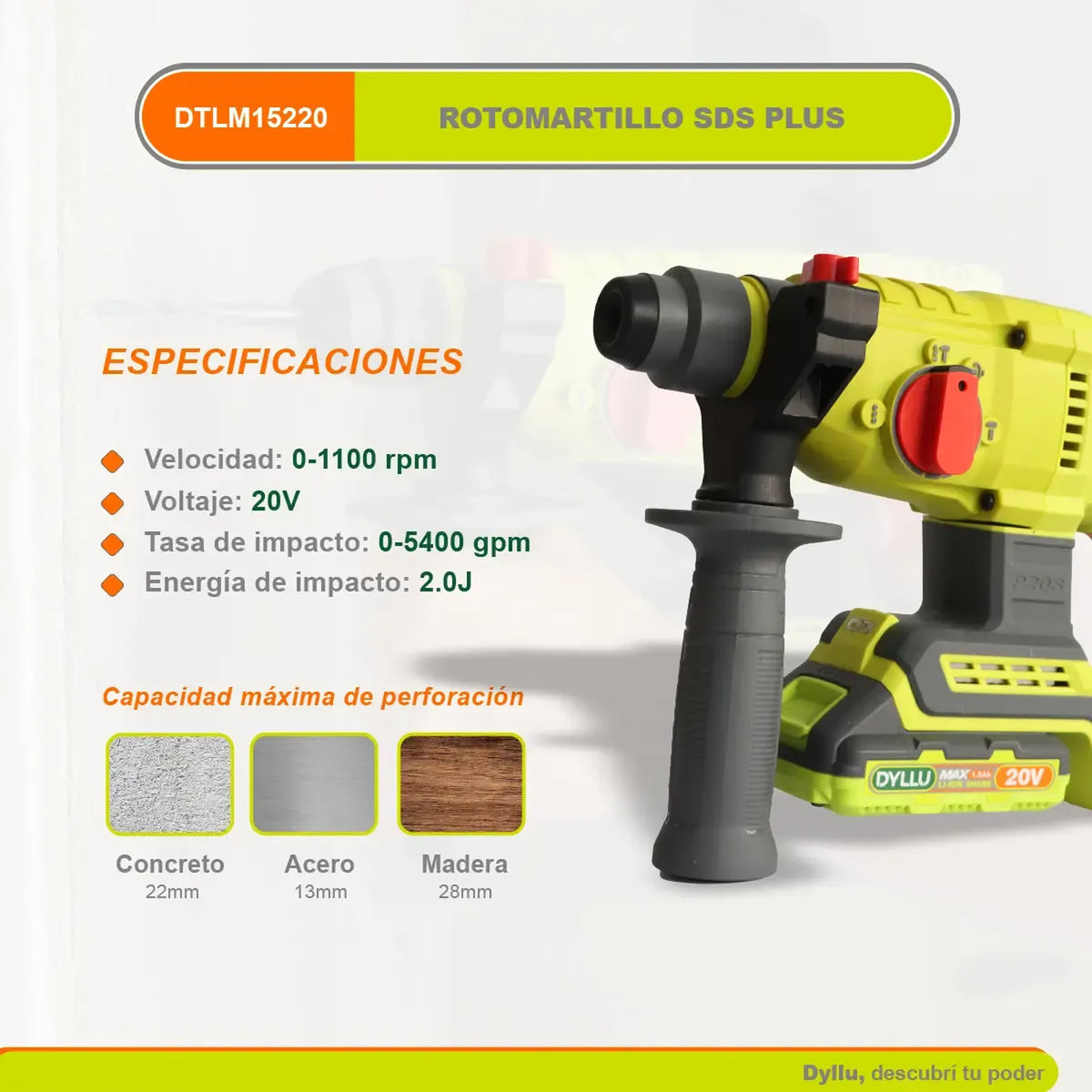 Rotomartillo SDS PLUS BL 22mm 20V DYLLU DTLM15220