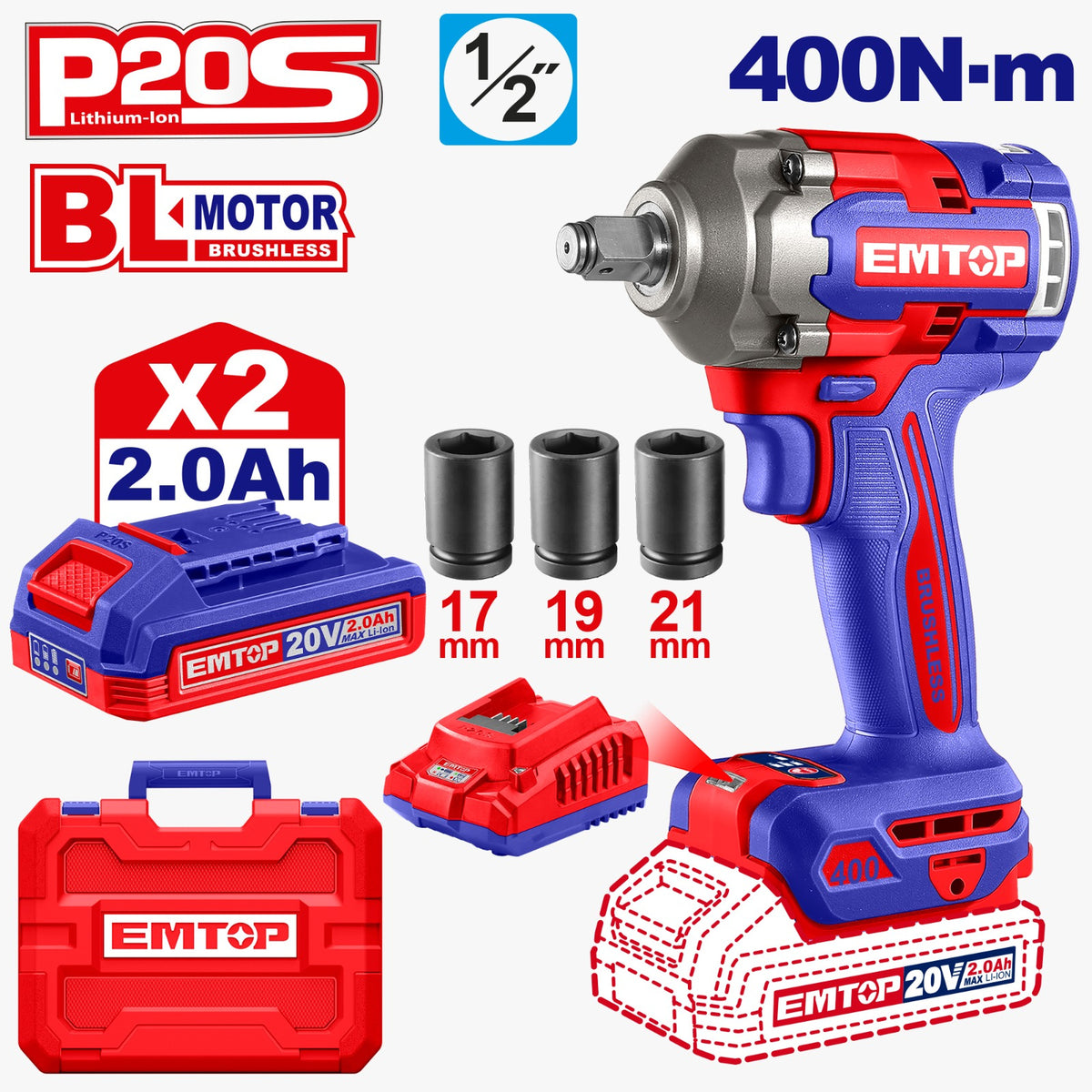 LLAVE DE IMPACTO INALAM. BRUSH 20V 400 Nm + CARG + 2 BAT 2.0 AH + ACC ECIWL2040-4