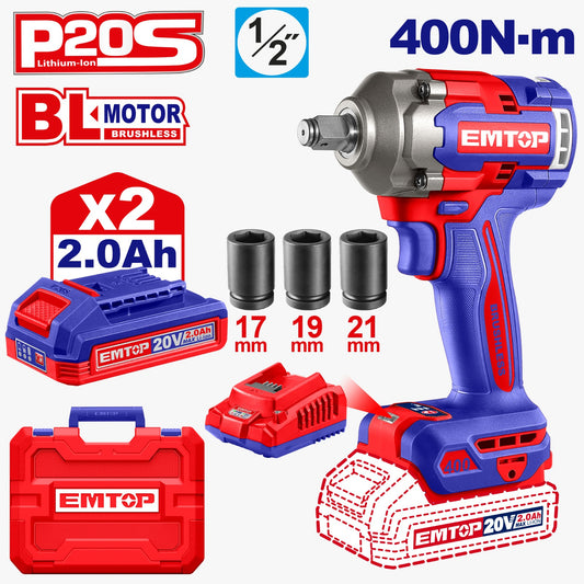 LLAVE DE IMPACTO INALAM. BRUSH 20V 400 Nm + CARG + 2 BAT 2.0 AH + ACC ECIWL2040-4