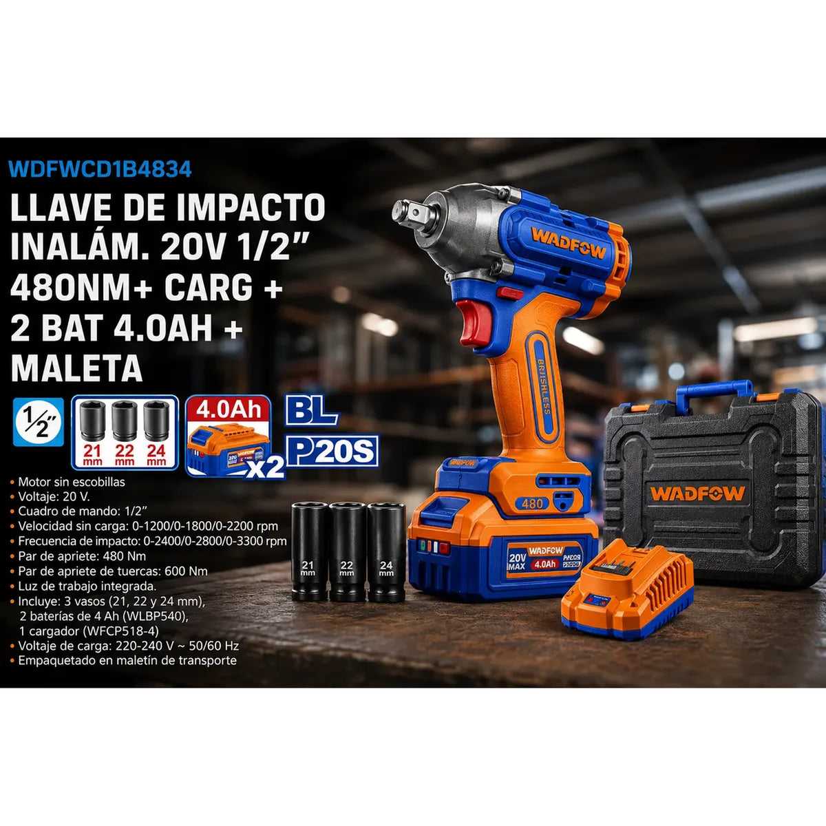 LLAVE DE IMPACTO INALAM. 20V 1/2'' 480NM+ CARG + 2 BAT 4.0AH + MALETA WCD1B483-4