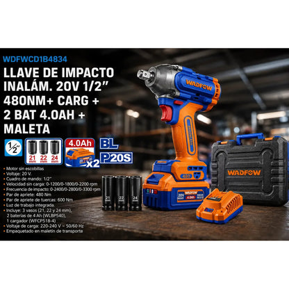 LLAVE DE IMPACTO INALAM. 20V 1/2'' 480NM+ CARG + 2 BAT 4.0AH + MALETA WCD1B483-4