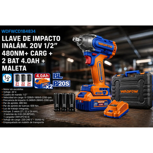 LLAVE DE IMPACTO INALAM. 20V 1/2'' 480NM+ CARG + 2 BAT 4.0AH + MALETA WCD1B483-4