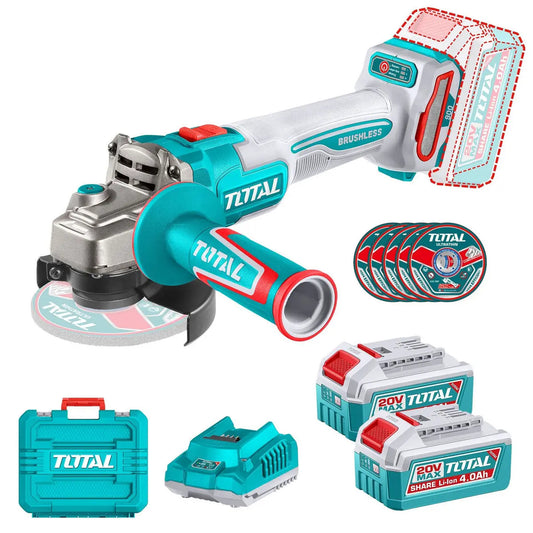 Amoladora Angular 20V BL 900W 115mm INDUSTRIAL TOTAL TAGLI261522-4 (MALETIN, CARGADOR, Y 2 BATERIAS 4Ah)