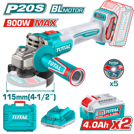 Amoladora Angular 20V BL 900W 115mm INDUSTRIAL TOTAL TAGLI261522-4 (MALETIN, CARGADOR, Y 2 BATERIAS 4Ah)