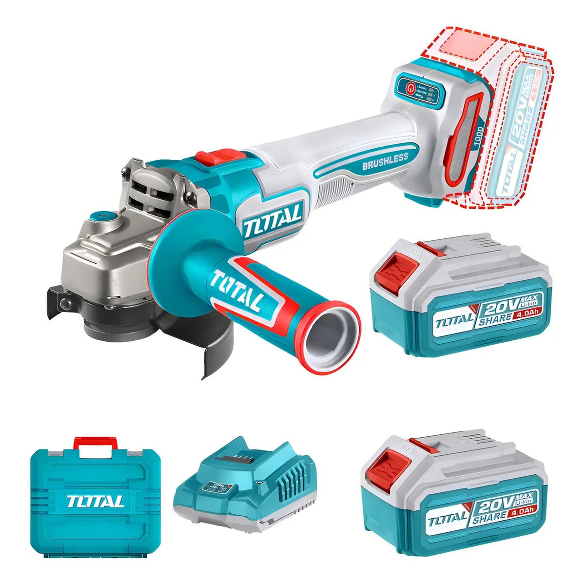 Amoladora Angular 20V BL 1000W 115mm INDUSTRIAL TOTAL TAGLI271532-4 (MALETIN, CARGADOR, Y 2 BATERIAS 4Ah)