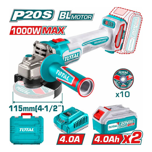 Amoladora Angular 20V BL 1000W 115mm INDUSTRIAL TOTAL TAGLI271532-4 (MALETIN, CARGADOR, Y 2 BATERIAS 4Ah)