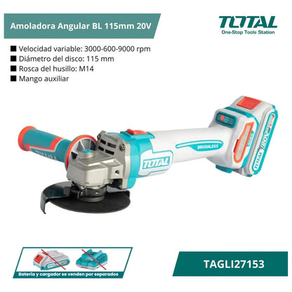 Amoladora Angular 20V BL 1000W 115mm INDUSTRIAL TOTAL TAGLI27153