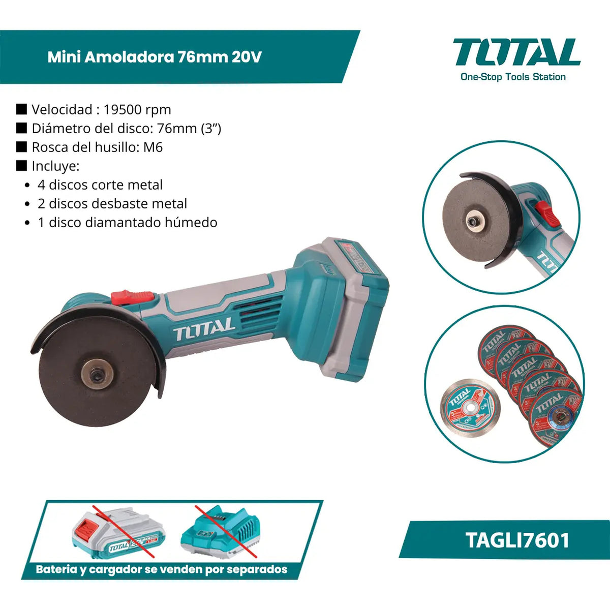 Miniamoladora 20V 76mm INDUSTRIAL TOTAL TAGLI7601