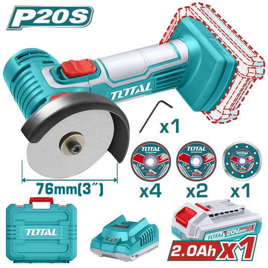 Miniamoladora 20V 76mm INDUSTRIAL TOTAL TAGLI76012-4 (MALETIN, CARGADOR, Y BATERIA)