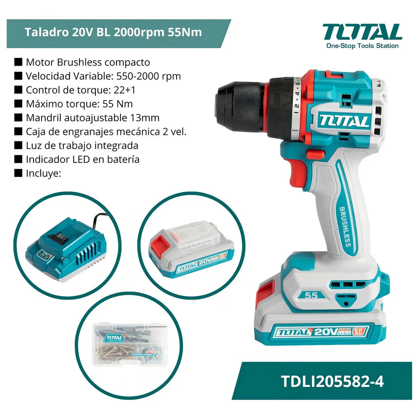 Taladro 20v BL 2000rpm 55Nm INDUSRIAL TOTAL TDLI205582-4 (CARGADOR Y BATERIA 2Ah)