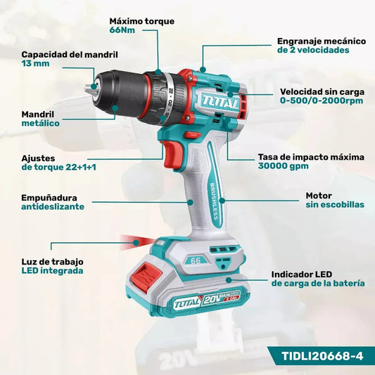 Taladro 20V BL 2000rpm 66Nm INDUSTRIAL TOTAL TDLI20668-4 (MALETIN, CARGADOR, Y 2 BATERIAS 2Ah)