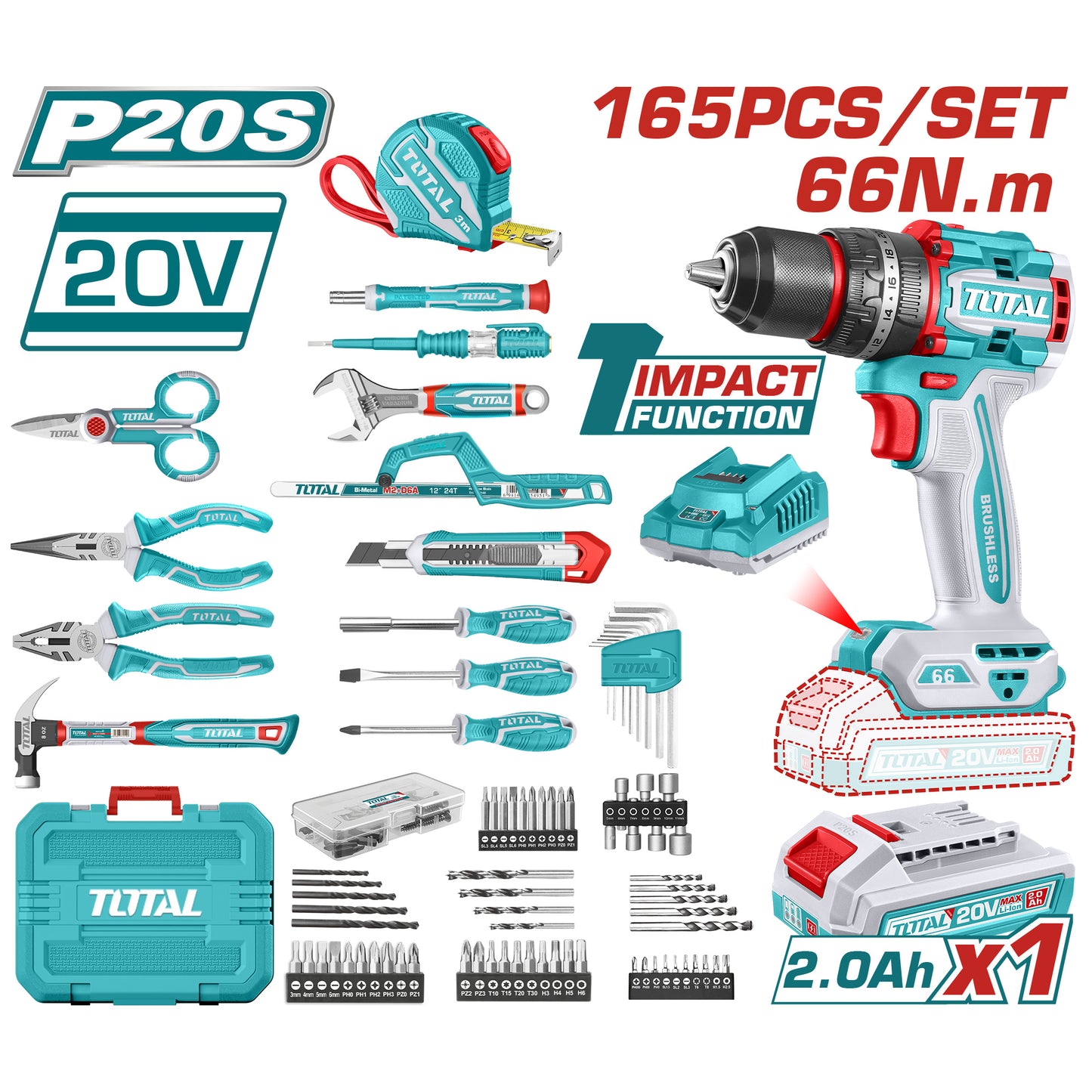 Kit Taladro 20V + 165 Accesorios TOTAL THKTHP11652-4