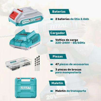 Taladro Percutor 20V BL 2000rpm 66Nm INDUSTRIAL TOTAL TIDLI20668-4 (MALETIN, CARGADOR, Y 2 BATERIAS 2Ah)