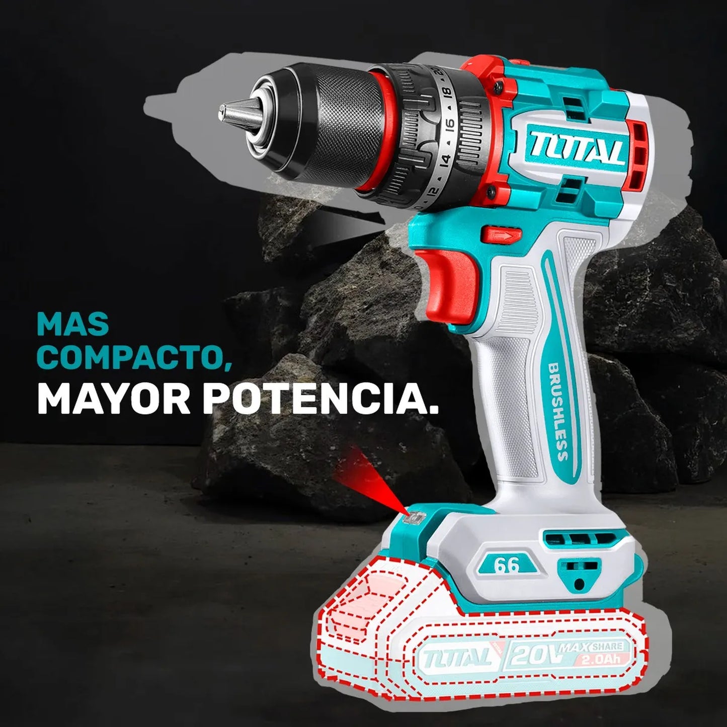 Taladro Percutor 20V BL 2000rpm 66Nm INDUSTRIAL TOTAL TIDLI20668-4 (MALETIN, CARGADOR, Y 2 BATERIAS 2Ah)