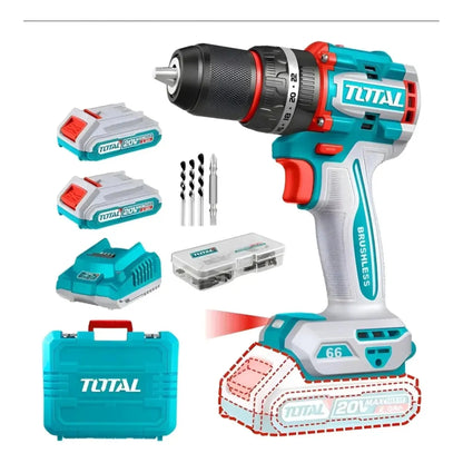 Taladro Percutor 20V BL 2000rpm 66Nm INDUSTRIAL TOTAL TIDLI20668-4 (MALETIN, CARGADOR, Y 2 BATERIAS 2Ah)