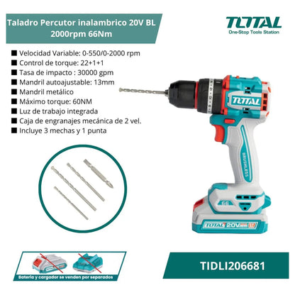 Taladro Percutor 20V BL 2000rpm 66Nm INDUSTRIAL TOTAL TIDLI206681