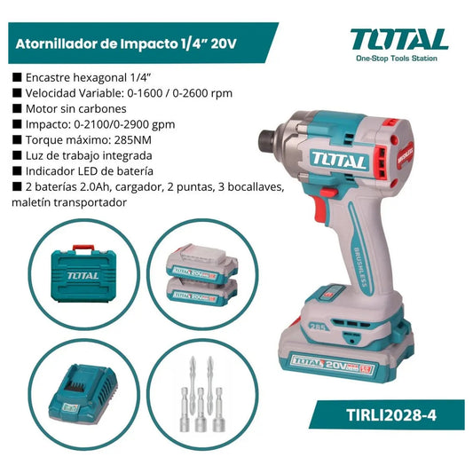 Atornillador de Impacto 20V BL 1/4 285Nm INDUSTRIAL TOTAL TIRLI2028-4 (MALETIN, CARGADOR, Y 2 BATERIAS 2Ah)
