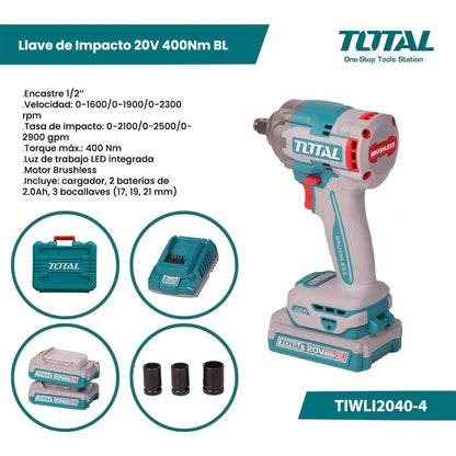 Llave de Impacto 20V 400Nm BL INDUSTRIAL TOTAL TIWLI2040-4 (MALETIN, CARGADOR, Y DOS BATERIAS 2Ah)