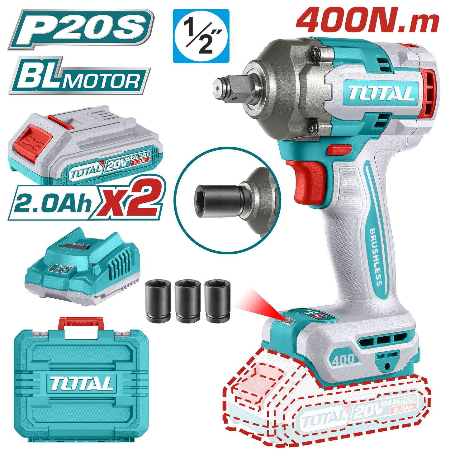 Llave de Impacto 20V 400Nm BL INDUSTRIAL TOTAL TIWLI2040-4 (MALETIN, CARGADOR, Y DOS BATERIAS 2Ah)