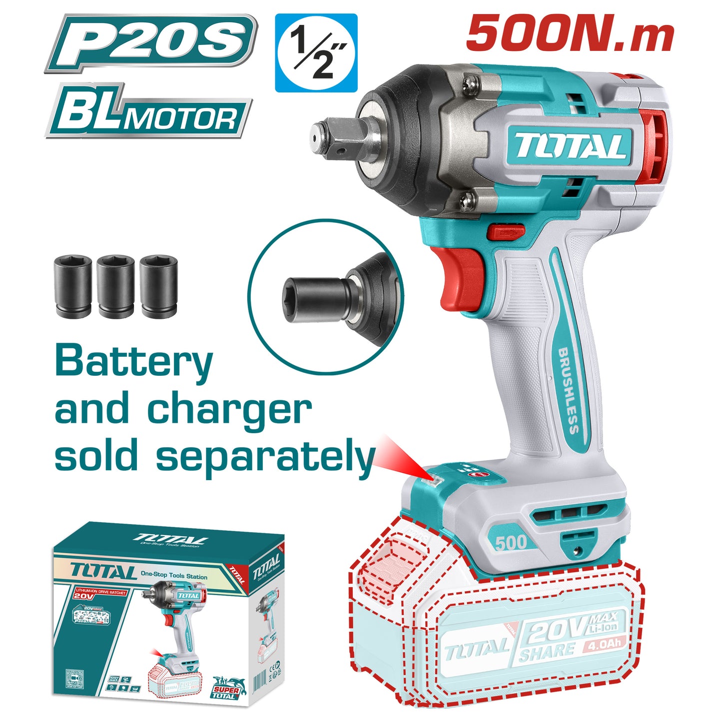 Llave de Impacto 20V BL 500Nm INDUSTRIAL TOTAL TIWLI20501