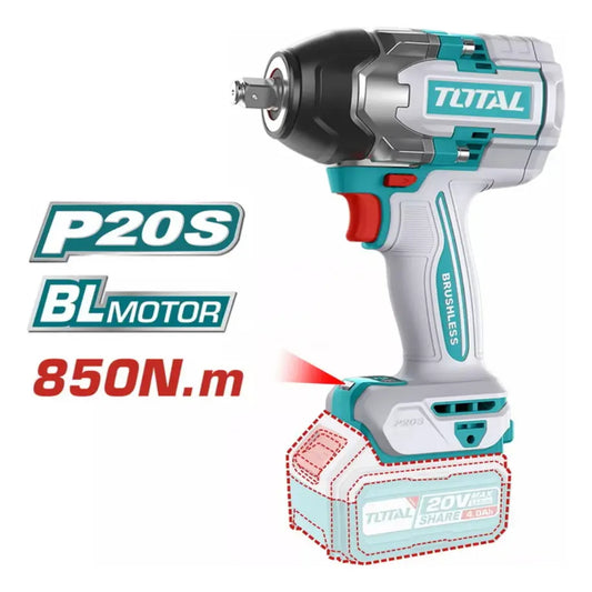 Llave de Impacto 20V BL 850Nm INDUSTRIAL TOTAL TIWLI2085-4 (MALETIN, CARGADOR, Y DOS BATERIAS 4Ah)