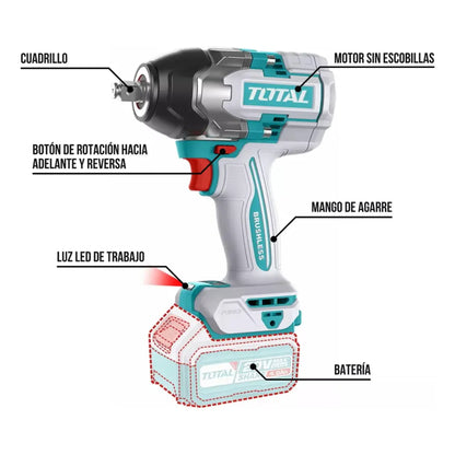 Llave de Impacto 20V BL 850Nm INDUSTRIAL TOTAL TIWLI2085-4 (MALETIN, CARGADOR, Y DOS BATERIAS 4Ah)