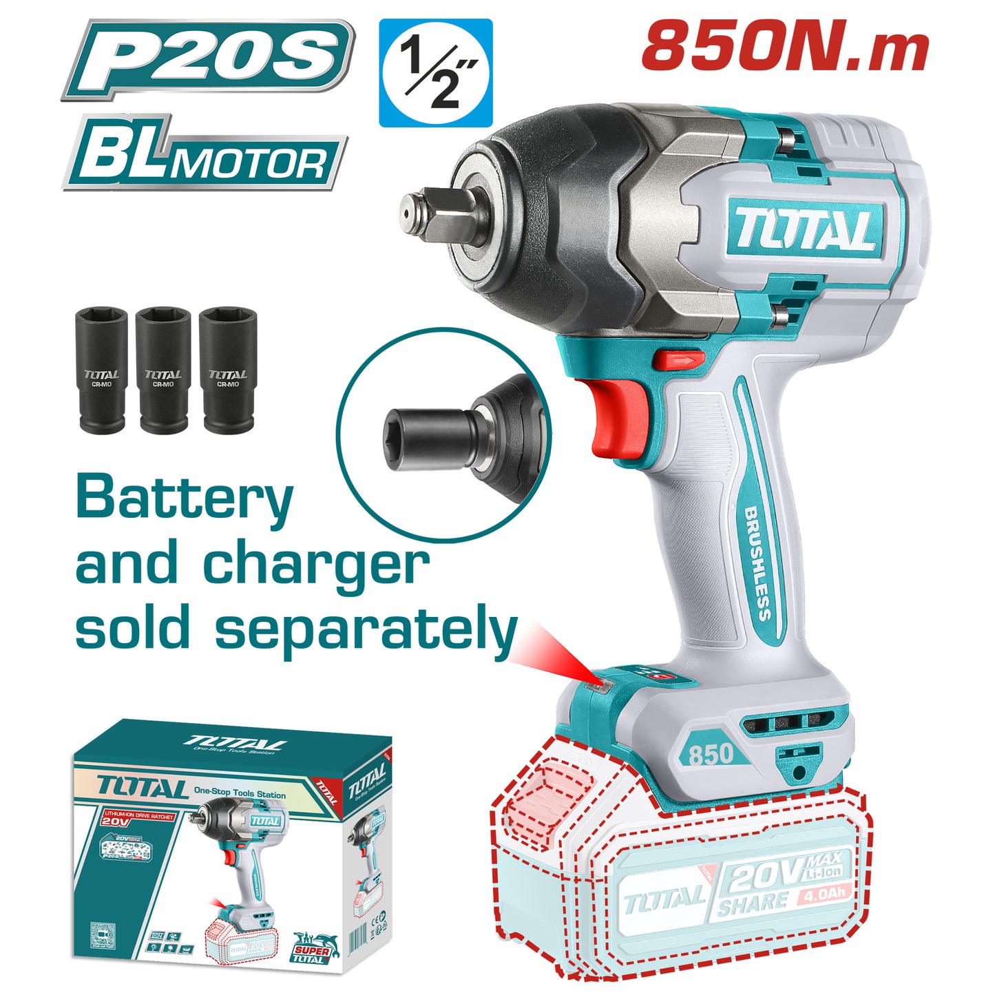 Llave de Impacto 20V BL 850Nm INDUSTRIAL TOTAL TIWLI20851