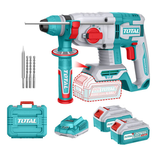 Rotomartillo SDS PLUS 20V BL 22mm INDUSTRIAL TOTAL TRHLI212282-4 (MALETIN, CARGADOR, Y 2 BATERIAS 4Ah)