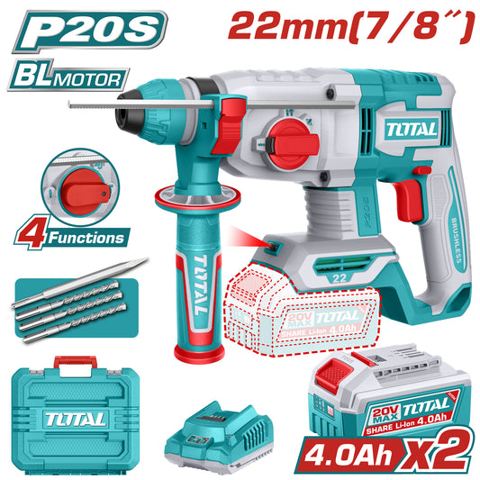 Rotomartillo SDS PLUS 20V BL 22mm INDUSTRIAL TOTAL TRHLI212282-4 (MALETIN, CARGADOR, Y 2 BATERIAS 4Ah)