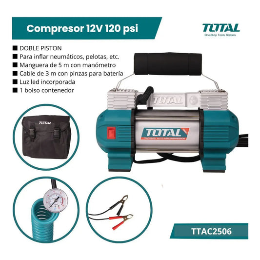 Compresor 12 v. 120 psi INDUSTRIAL TOTAL TTAC2506