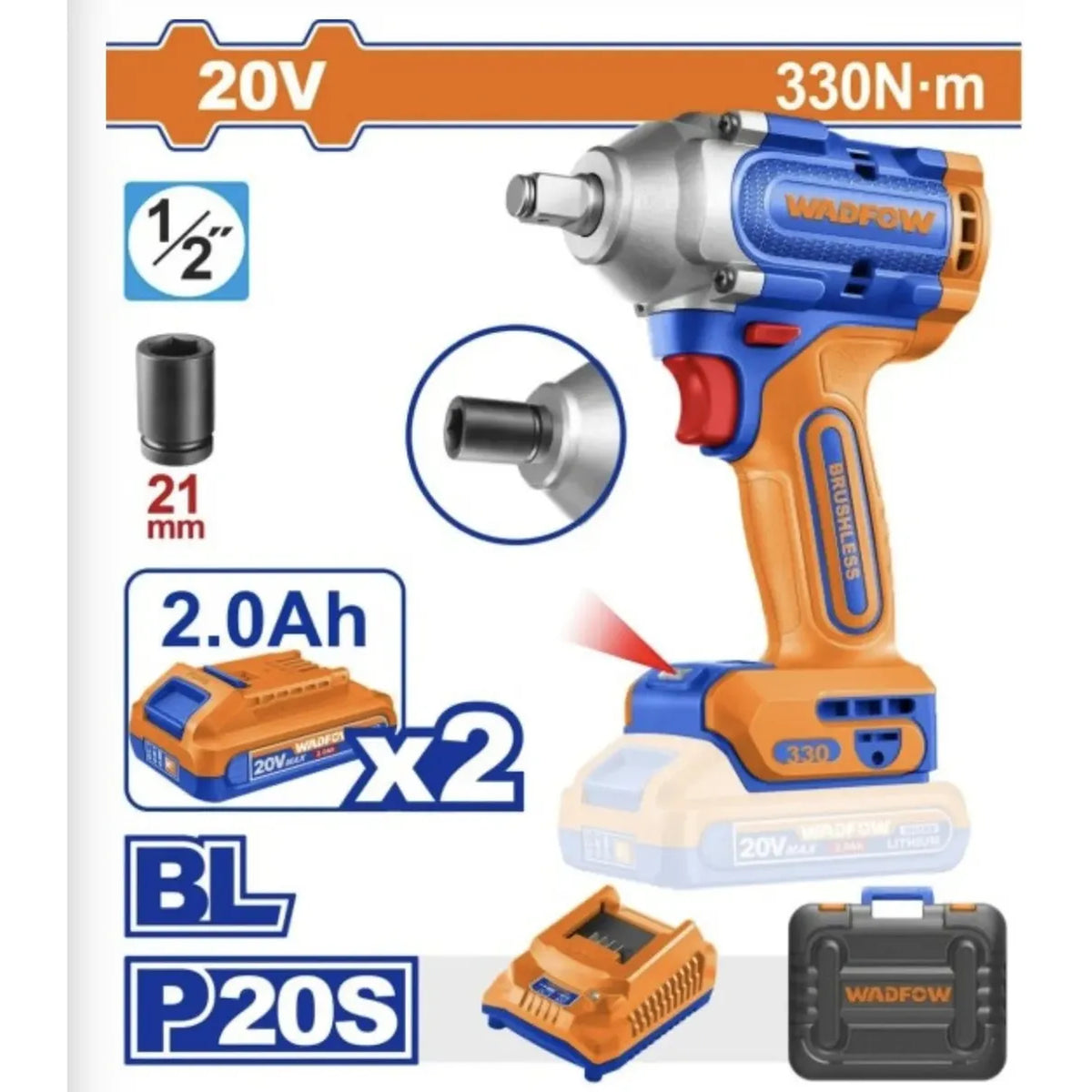 LLAVE DE IMPACTO INALAM. 20V 1/2'' 330NM + CARG + 2 BAT 2.0 AH + MALETA WCD1B33-4