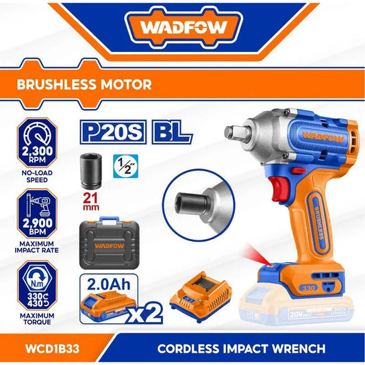 LLAVE DE IMPACTO INALAM. 20V 1/2'' 330NM + CARG + 2 BAT 2.0 AH + MALETA WCD1B33-4