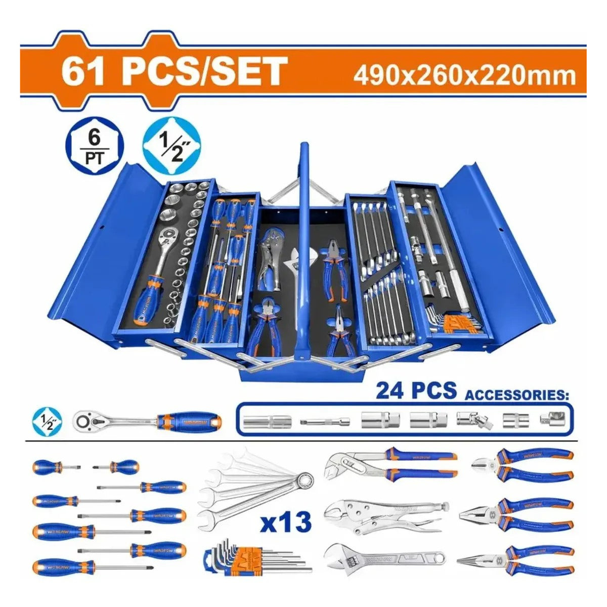 JGO DE HERRAMIENTAS MANUALES 61 PZS C/ CAJA PORTAHERRAMIENTAS WHS4B61